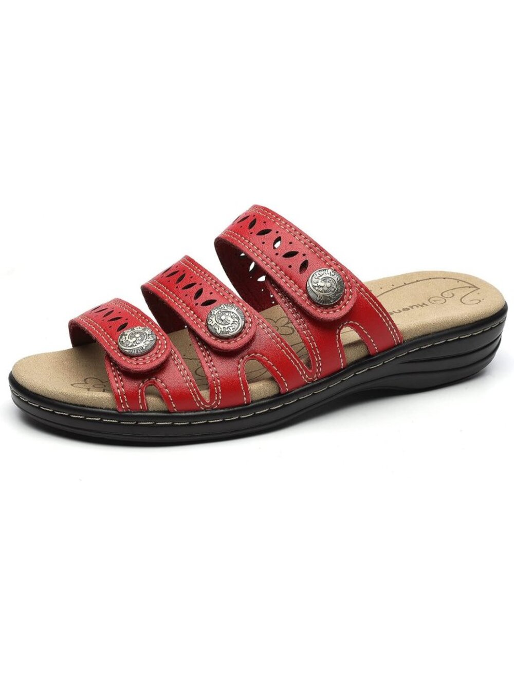 Women's Comfort Leather Slides Flat Sandals Red Slip On Casual Walking Slippers - Picture 4 of 6